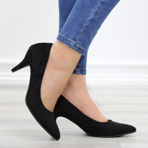Black Suede Pointy Toe Kitten Low Heel Pumps - Picture 2 of 13